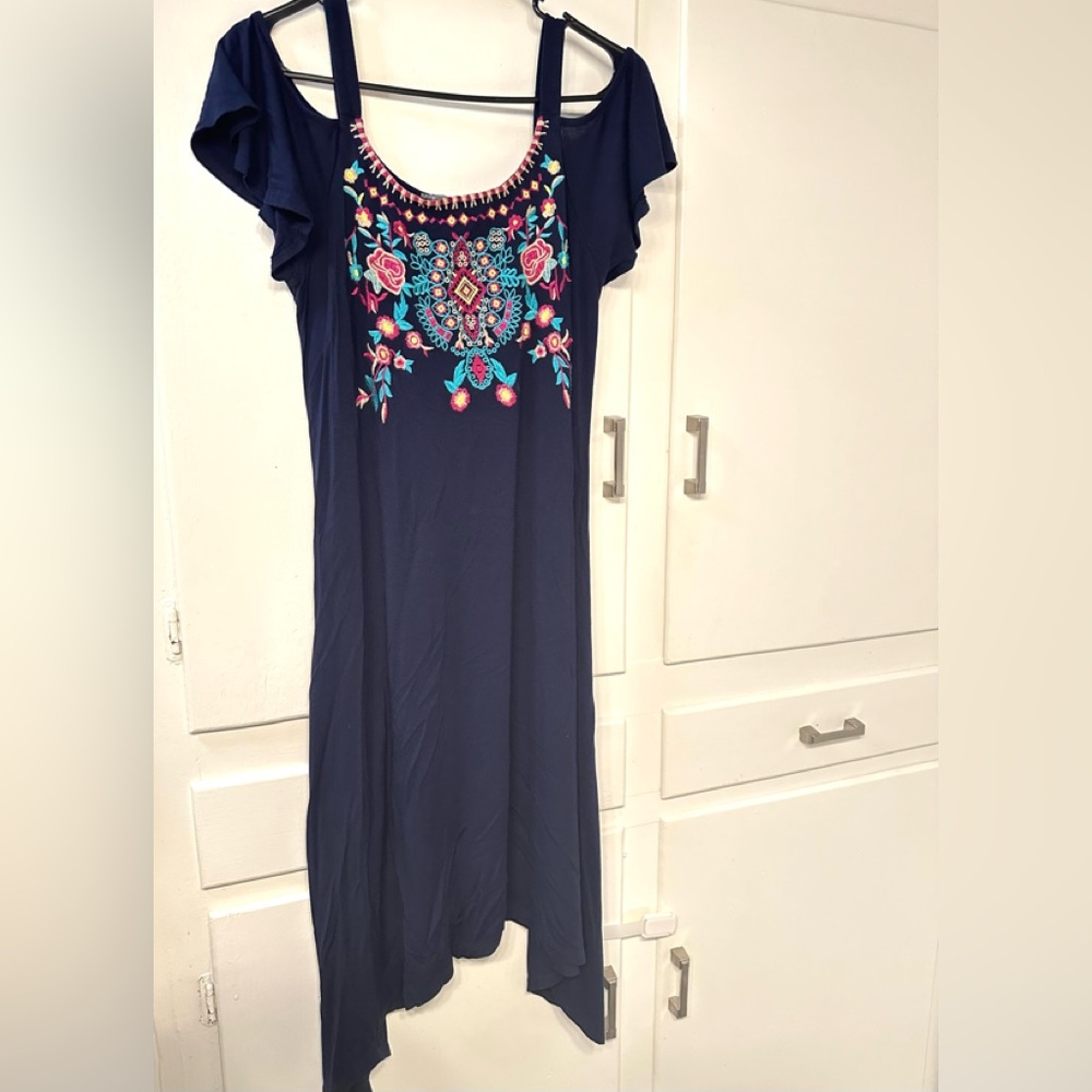 Neiman Marcus boho colorful Embroidered summer cold shoulder Dress